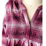 Knox Rose  Boho Burgundy Plaid Babydoll Smocked Flannel Shirt Top ~ Women's LARGE Photo 2