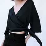 ZARA New With Tag Satin Effect Wrap Top Black W/ Pearl Cuff Buttons Lightweight Photo 3