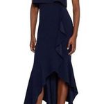 XScape Navy Blue One Shoulder Stretch Crepe Ruffle Asymmetrical Hemline Gown US4 Photo 0