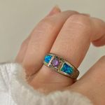 925 Faux Amethyst Blue Opal Ring “Darcy” Blue Purple Wedding Patina Bohemian Jewelry Photo 2