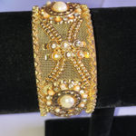 Gold Tone Mesh Rhinestone Faux Pearl Boho Retro Chunky Bangle Bracelet Photo 3