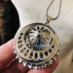 Faceted round royal blue glass stone rhinestone medallion amulet long necklace Photo 6