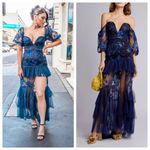Alice McCALL Mystery Dress Gown Off Shoulder Ruffle Navy Ocean Blue US 4 Photo 1