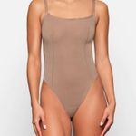 SKIMS NEW Sheer Sculpt Thong Spaghetti Strap Wide Neck Bodysuit Tan Small Photo 0