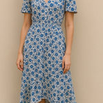 Abel the label  Blue White Floral Midi Dress L Wrap V Neck Cottagecore Boho Photo 0