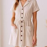 Modcloth Linen Blend Shirt Dress 1X Coastal Soft Girl Minimalist Beige Pockets Photo 0