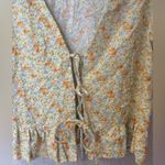 Sophie Rue  Women Sz L Yellow Blue Floral‎ Puff Sleeve Tie Front Top Cottagecore Photo 1