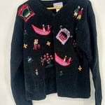 April Cornell Asian Embroidered Chenille Cardigan Novelty Sweater Black Medium Photo 0