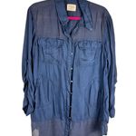 Holding Horses  Anthro Blue Button Down Shirt Long Sleeve Tunic Top Ladies Sz L Photo 0