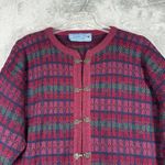 British Wool Sweater Women Large Red Plaid Nordic Cardigan Boho Bohemian Vintage Photo 3