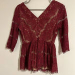 Maeve  Anthropologie lace overlay v neck burgundy blouse valentines Photo 5