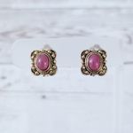 Vintage Clip On Earrings Antique Gold Tone Halo with Dark Pink Center Photo 0