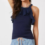 Anthropologie Maeve by  Navy Blue Ruffle Cold Shoulder Top Size Medium Photo 0