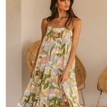 Girl and The Sun St Tropez Leaf Print Tiered Hem Midi Dress Size XL Blue Photo 0