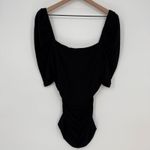 frame denim FRAME Betty Knitted Black Noir Square Neck Ruched Puff Sleeve Top Size L Photo 1