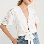 Abercrombie & Fitch Eyelet White Crochet Crop Tie Flutter Button Up Xs Xsmall AF Photo 0