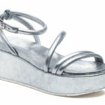 J/SLIDES Womens Quilt Ankle Strap Platform Leather Sandals Silver 6 Photo 0