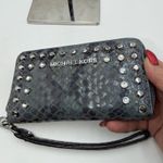 Michael Kors Studded Snake Embossed Zip Around Wristlet Blue Silver Accents Photo 1