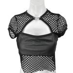 SheIn Women's Black Cut Out Front Fishnet Mesh Short Sleeve Crop Blouse Top Sz L Photo 0