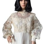 Vtg OOAK Lace Wedding dress scalloped sheer high neck & empire waist medium White Photo 2