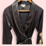 Jones New York Vintage 90’s black silky maxi robe tan floral embroidery pockets Photo 3
