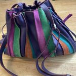 MYWALIT Crossbody Drawstring Stripe Purple Orange Green Leather Suede Purse Bag Photo 1