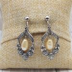Vintage Silver Tone Drop Dangle Faux Pearl & Floral Hoop Earrings Clip On 1.75" Photo 0