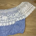 Miguelina Dakota Chambray Lace Crochet Off The Shoulder Crop Top Blue Size Small Photo 2
