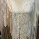 Crochet Cardigan Sweater Womens Open Knit‎ Pearl Button Front White 3/4 Sleeve Size M Photo 0