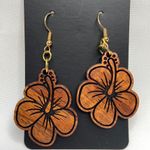 Hand Crafted Wood Hibiscus Laser Cut Dangle Pierced Hawaiian Island Earrings NEW Photo 3