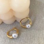 18K Gold Plated White Pearl Hoop Earrings for Women, Pearl Earrings Photo 0