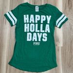 PINK - Victoria's Secret Victoria’s Secret PINK Happy Holla Days Green Christmas Tee Shirt Women’s Medium Photo 0
