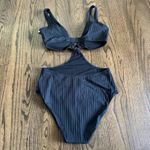 Aerie  Womens Black Ribbed Cut Out Ring One Piece Monokini Swim Suit Size Large Photo 1