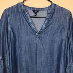 Gap Denim Women’s Chambray Blue Ruffle Flare Sleeve Split Neck Blouse Photo 1