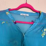 Fig & Flower Teal Blue Chiffon Floral Embroidered Roll Tab Sleeve Blouse LP Size undefined Photo 1