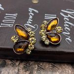 Vintage Amber Topaz Butterfly Earrings • Rhinestone Antique Copper Studs Brown Photo 2