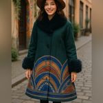 Penny Lane handpainted boho coat, mohair & leather mongolian fur shaggy collar,L Green Size L Photo 1