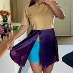 Beige cotton purple satin colorblock collared mini dress tunic size M medium Multiple Photo 3