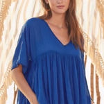 Sundance  Beauty Breeze Blue Short Sleeve V-Neck Babydoll Peasant Top Size Medium Photo 0