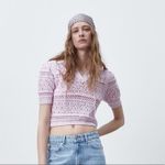 ZARA NEW  Pink Crochet Collared Tie Keyhole Open Knit Short Sleeve Sweater Top M Photo 2