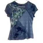 Y2k Size XS‎ Blue Green Mixed Floral Lace Blue Flutter Shirt Patchwork Cotage Photo 0