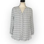 NYDJ Pintuck Blouse Women's Small White Black Long Crepe Sleeve High-Low V-Neck Photo 1