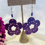 Violet Tropical Vibe Hibiscus Wood Earrings Handmade Sparkle Lightweight Photo 0