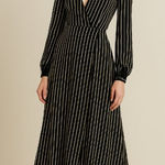 Reformation  BLACK/WHITE STRIPE MIDI LONG SLEEVE WRAP V‎ NECK DRESS MEDIUM EUC Photo 0