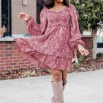 Pink Lily | Textured Floral Long Sleeve Cinched Bust Smocked Mini Tiered Dress L Photo 0