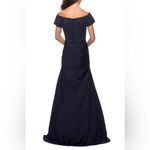 La Femme Off the Shoulder BEADED Satin Trumpet Gown~Navy~10~NWOT! Blue Photo 6