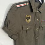 Voice Stretch Military Womens Top Sz Large Olive Patches Babydoll Y2K Gorp Green Photo 2