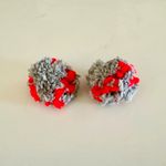 Handmade Cozy Gray & Red Pom Pom Boho Chunky Knit Yarn Earrings, Stud Post Back Photo 1