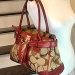 Coach Hampton Signature Logo Canvas Red Leather Shoulder Bag Rare Photo 3