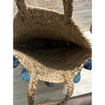 Straw Purse Shoulder Bag Blue Pom Poms Boho Summer Coastal Woven Tan Photo 6